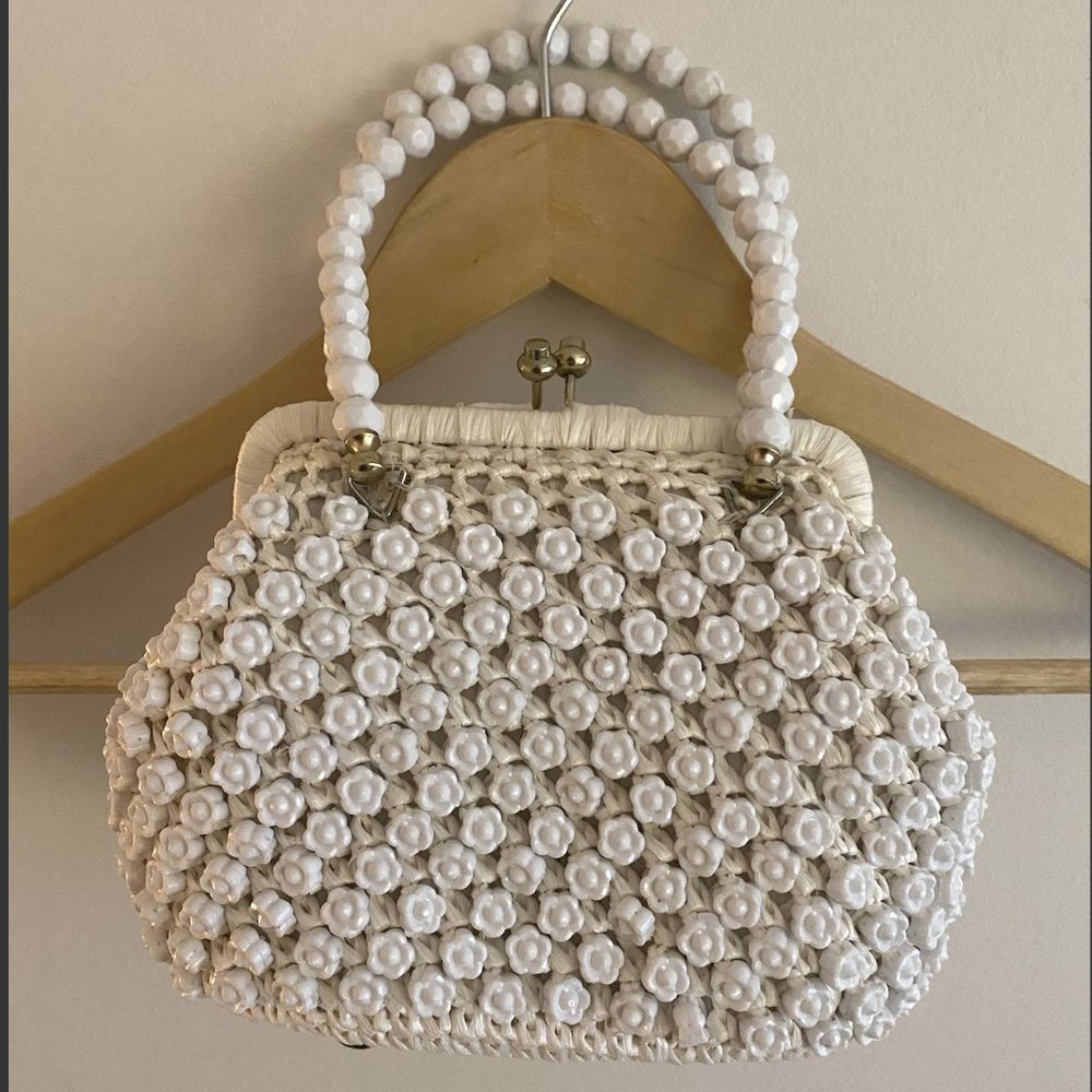 Vintage White Acrylic Rose Purse on Basket Weave